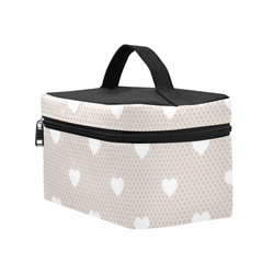 White Hearts Pattern on Grey, Lace Effect Cosmetic Bag/Large (Model 1658)