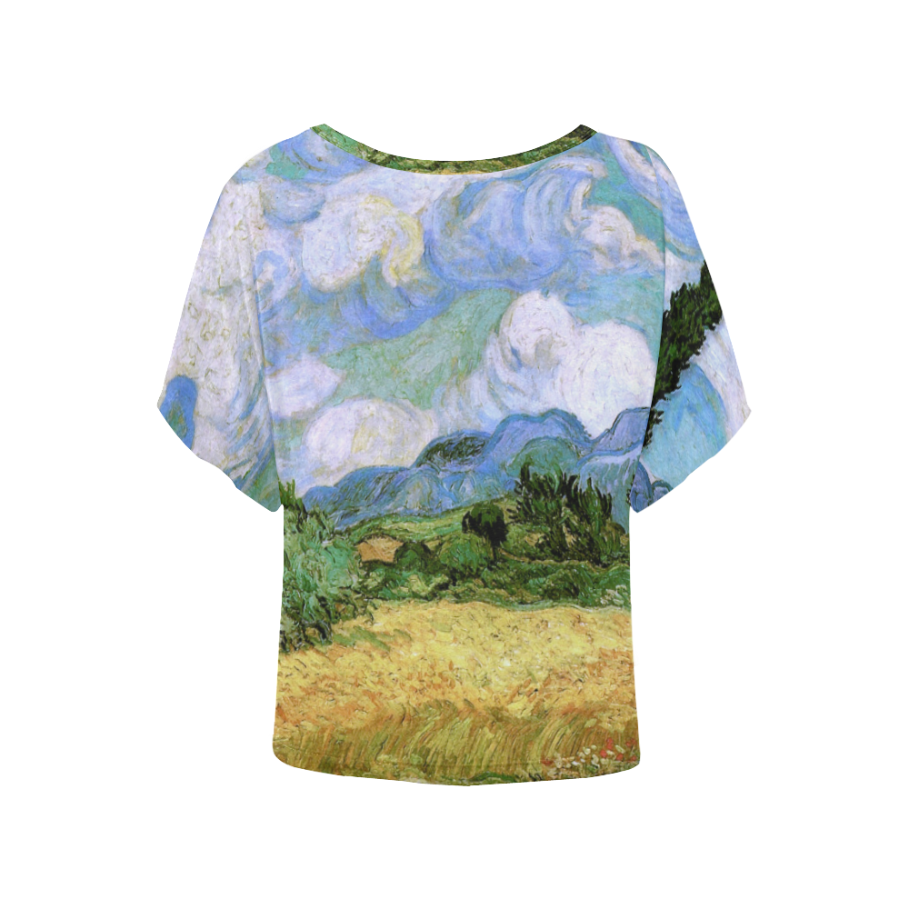Van Gogh Wheat Field Cypresses Nature Landscape Women's Batwing-Sleeved Blouse T shirt (Model T44)