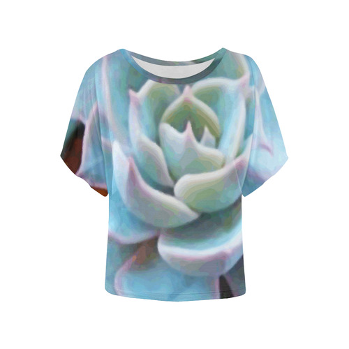 Watercolor Peacock Succulentt Painting Women's Batwing-Sleeved Blouse T shirt (Model T44)
