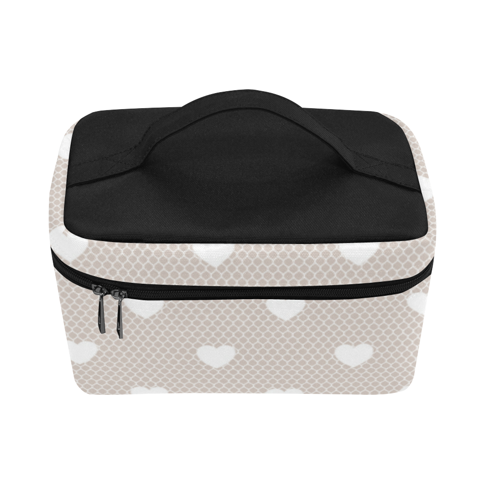 White Hearts Pattern on Grey, Lace Effect Cosmetic Bag/Large (Model 1658)