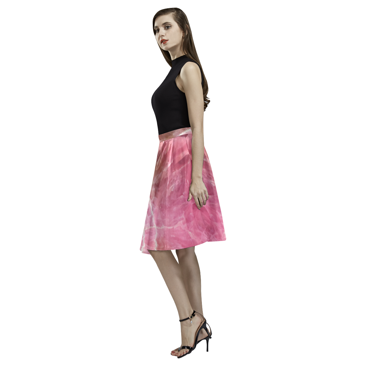 Pink and white stone texture Melete Pleated Midi Skirt (Model D15)