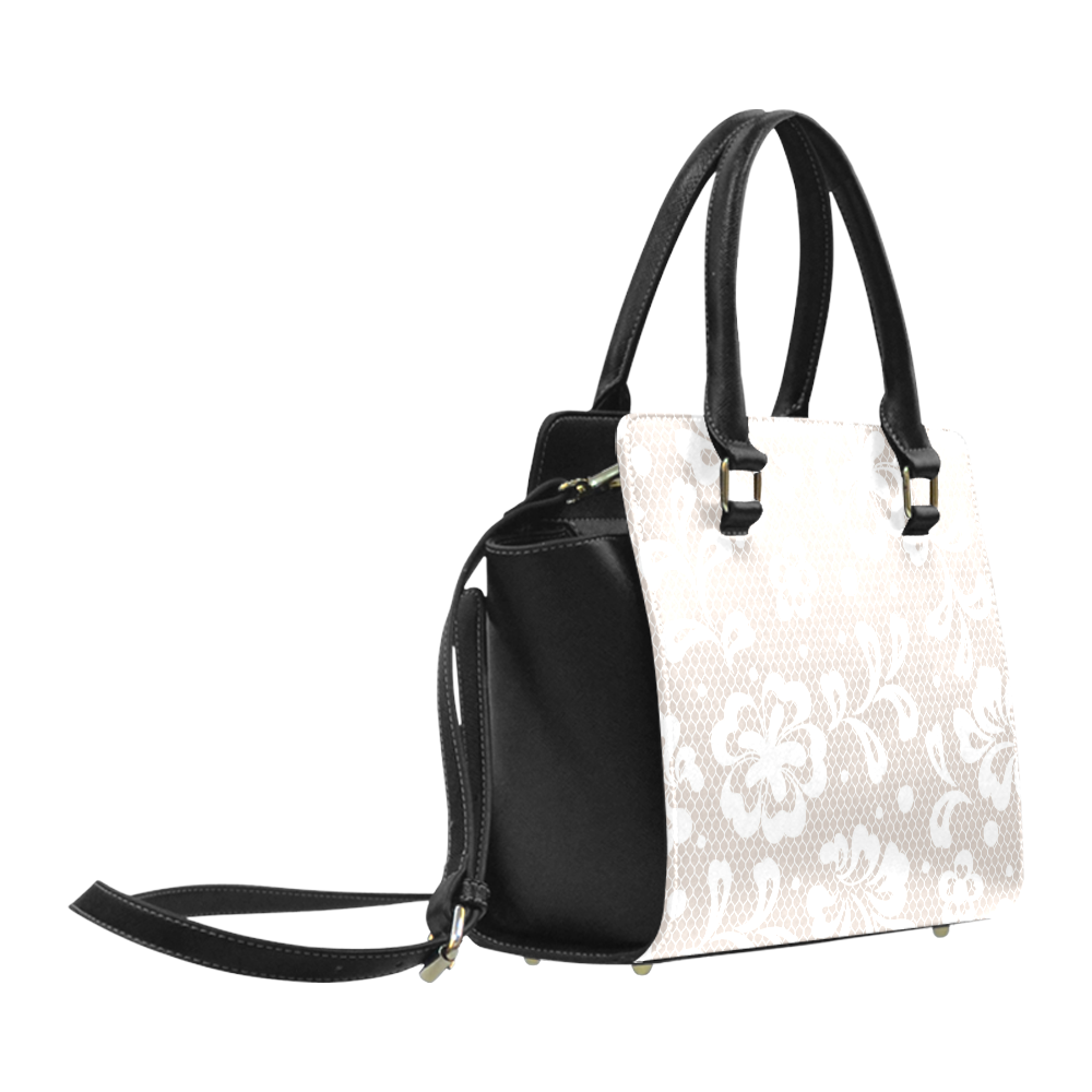 White Flowers on Grey, Lace Effect, Floral Pattern Classic Shoulder Handbag (Model 1653)