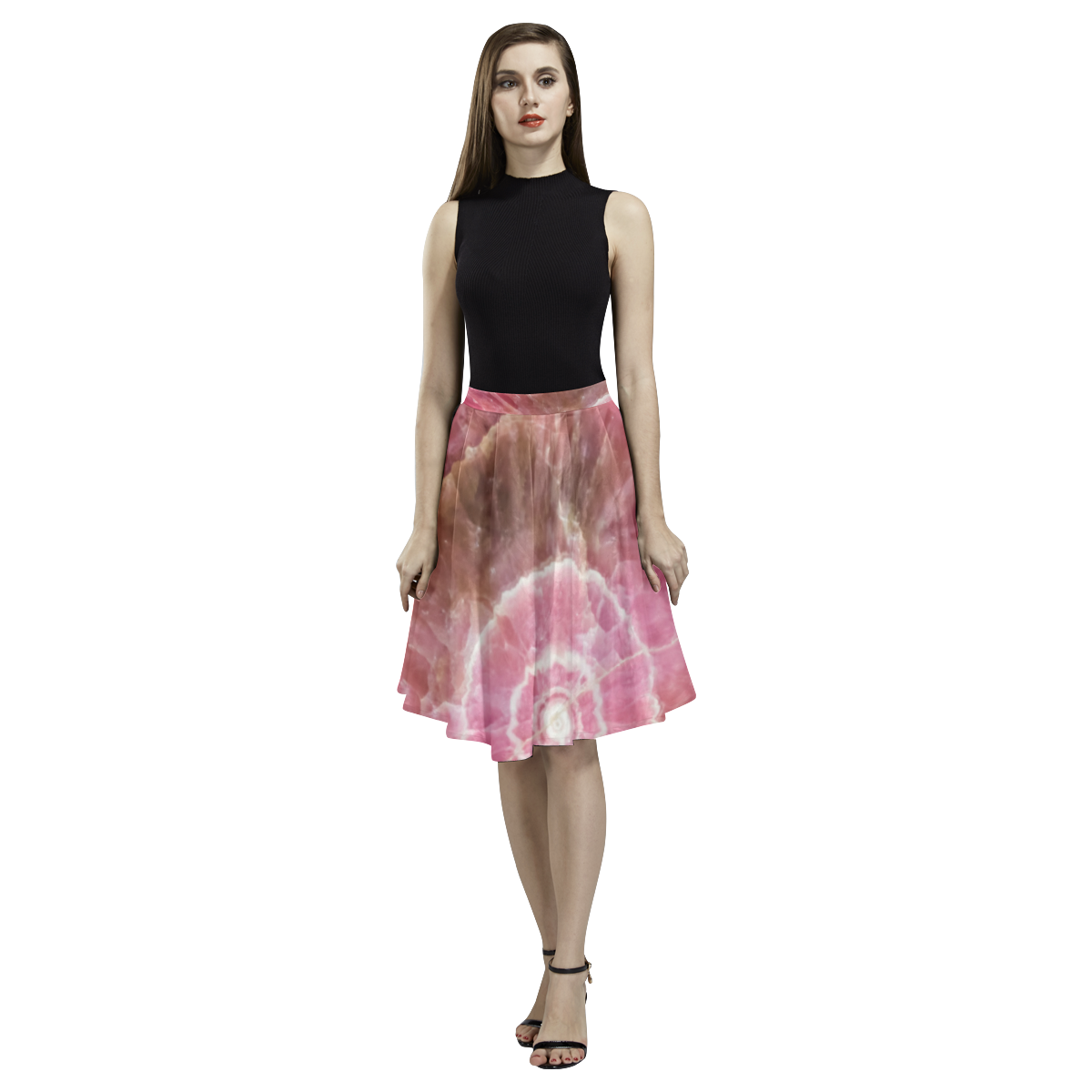 Pink and white stone texture Melete Pleated Midi Skirt (Model D15)
