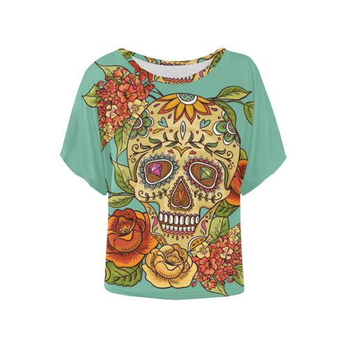 sugar skull Women's Batwing-Sleeved Blouse T shirt (Model T44)