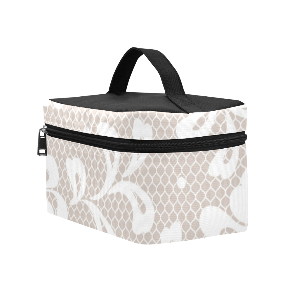 White Flowers on Grey, Lace Effect, Floral Pattern Cosmetic Bag/Large (Model 1658)