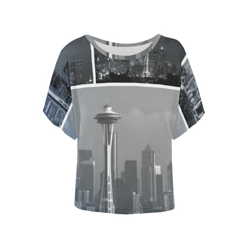 Grey Seattle Space Needle Collage Women's Batwing-Sleeved Blouse T shirt (Model T44)