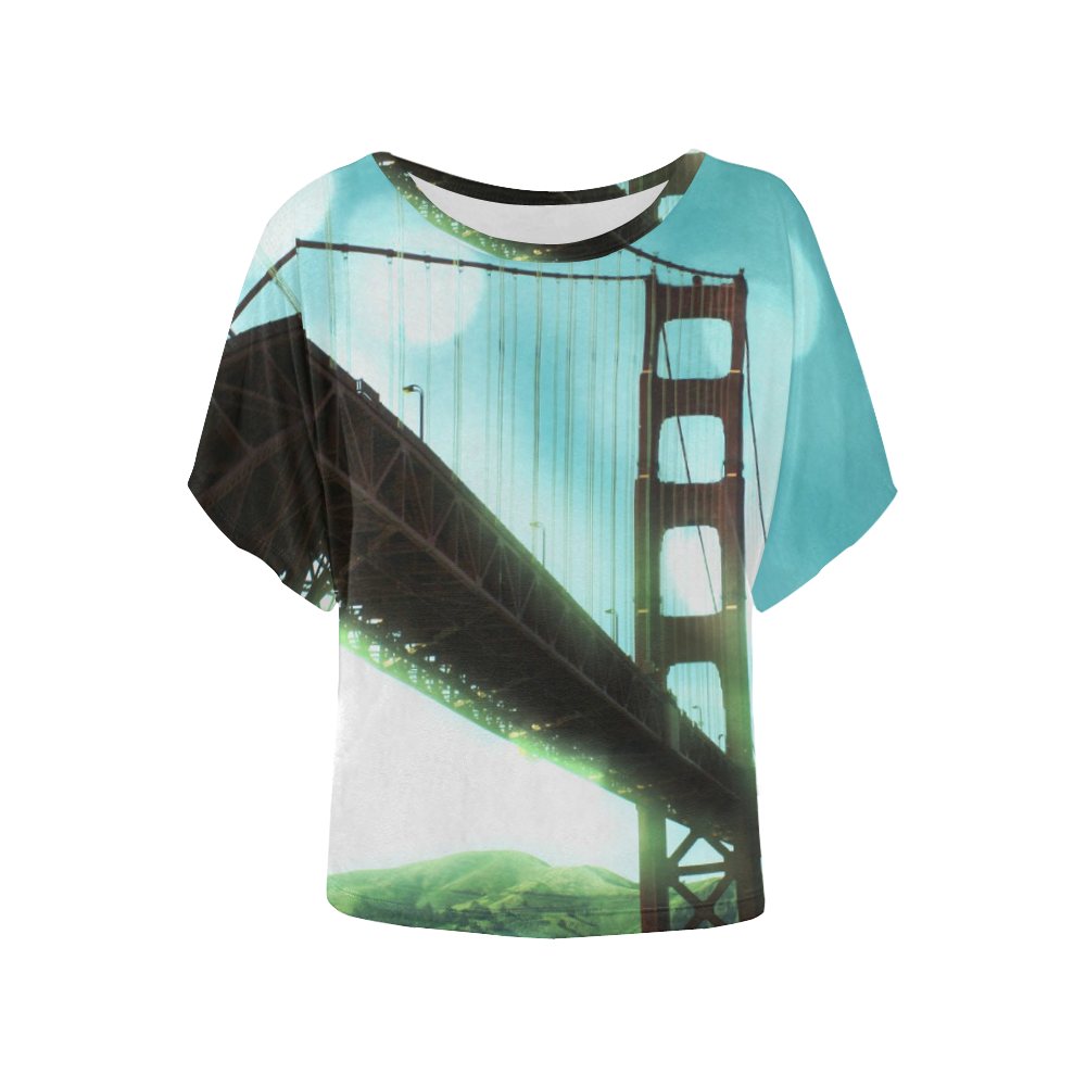 Green Bokeh Golden Gate Bridge Women's Batwing-Sleeved Blouse T shirt (Model T44)