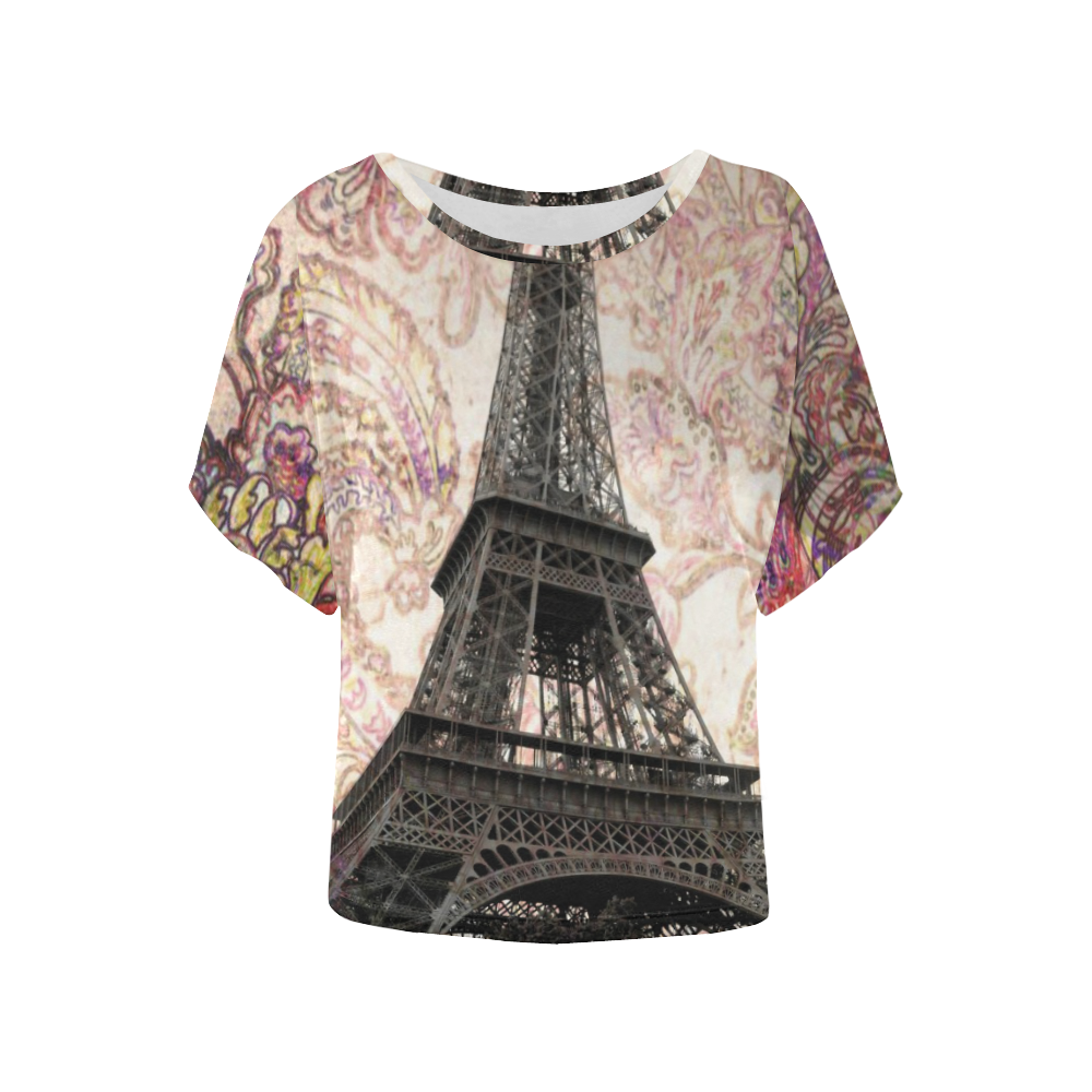 Floral Eiffel Tower Women's Batwing-Sleeved Blouse T shirt (Model T44)