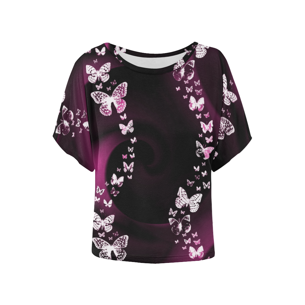 Pink Butterfly Swirl Women's Batwing-Sleeved Blouse T shirt (Model T44)