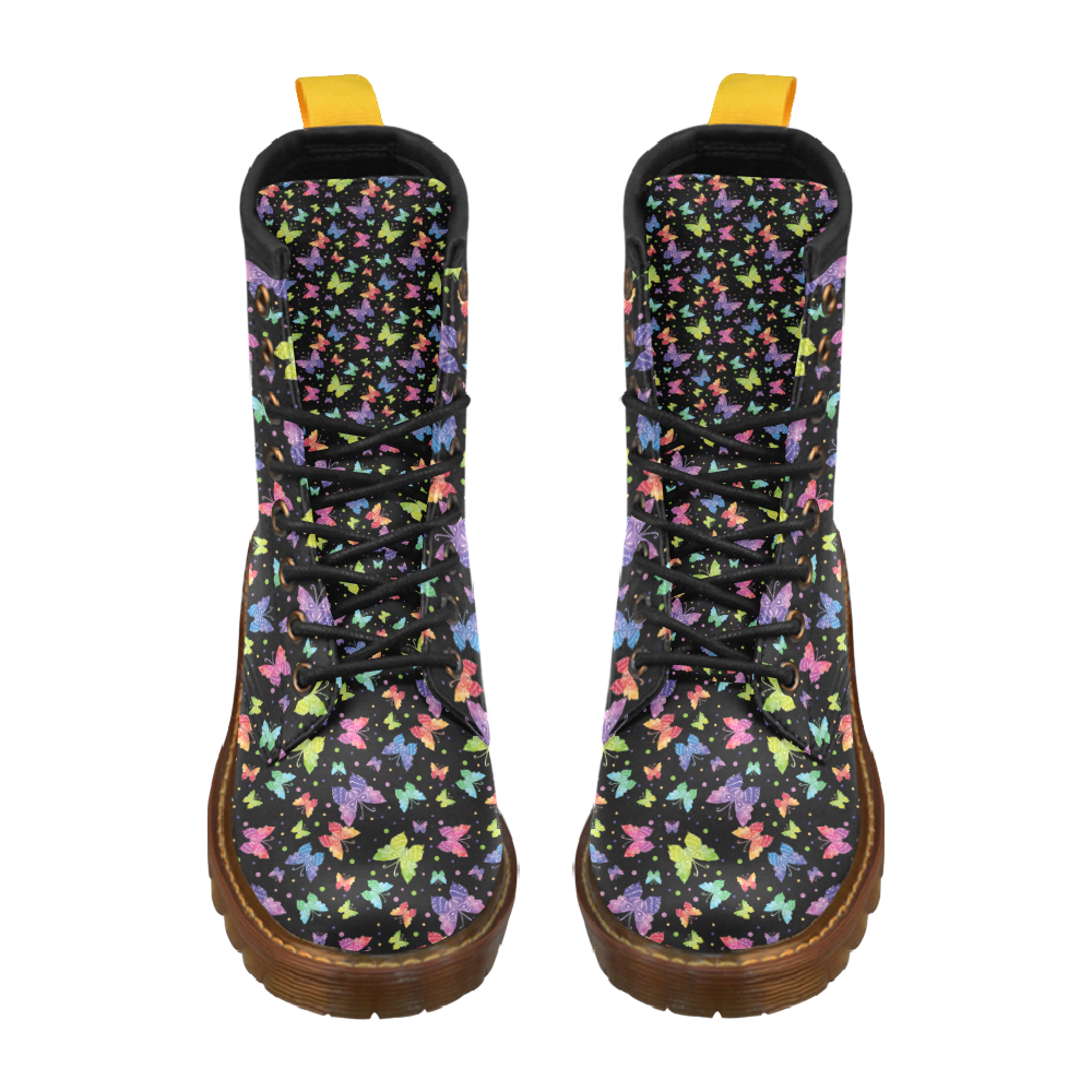 Colorful Butterflies Black Edition High Grade PU Leather Martin Boots For Women Model 402H