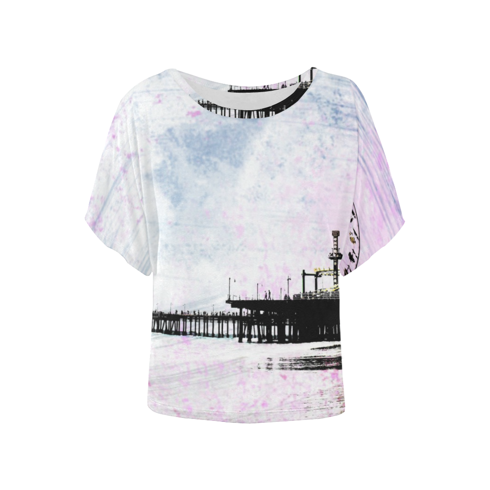 Pink Grunge Santa Monica Pier Women's Batwing-Sleeved Blouse T shirt (Model T44)