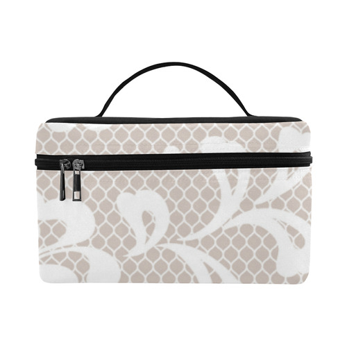 White Flowers on Grey, Lace Effect, Floral Pattern Cosmetic Bag/Large (Model 1658)