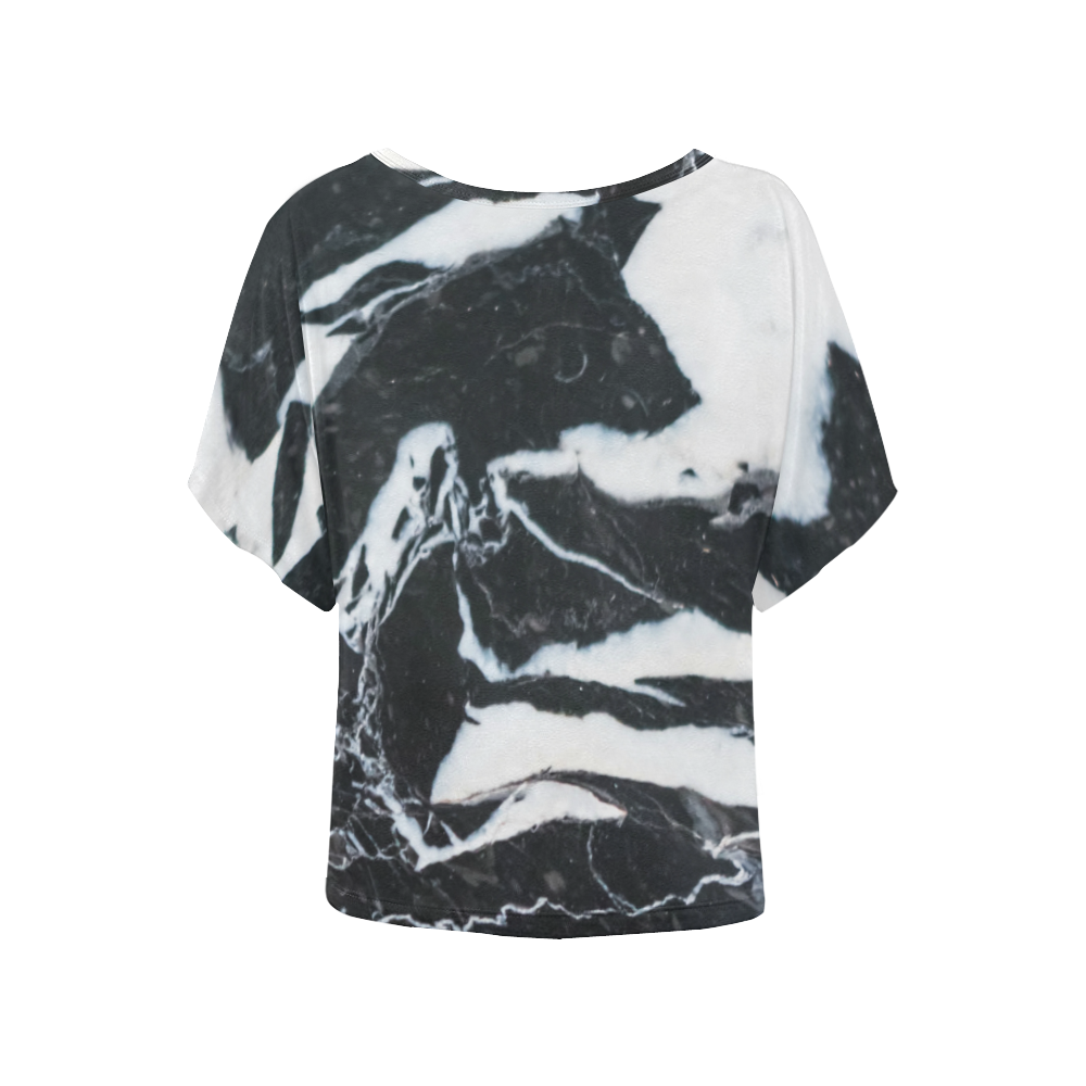 Black and white marble stone texture Women's Batwing-Sleeved Blouse T shirt (Model T44)