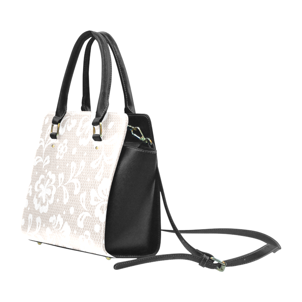White Flowers on Grey, Lace Effect, Floral Pattern Classic Shoulder Handbag (Model 1653)