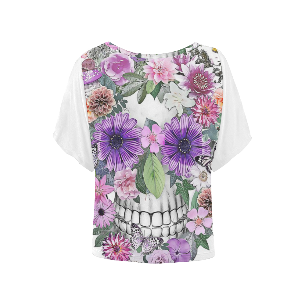 flower skull pink, orange,violett Women's Batwing-Sleeved Blouse T shirt (Model T44)