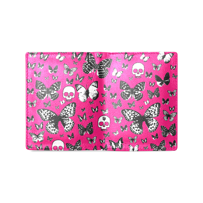 Skulls & Butterflies on Pink Men's Leather Wallet (Model 1612)