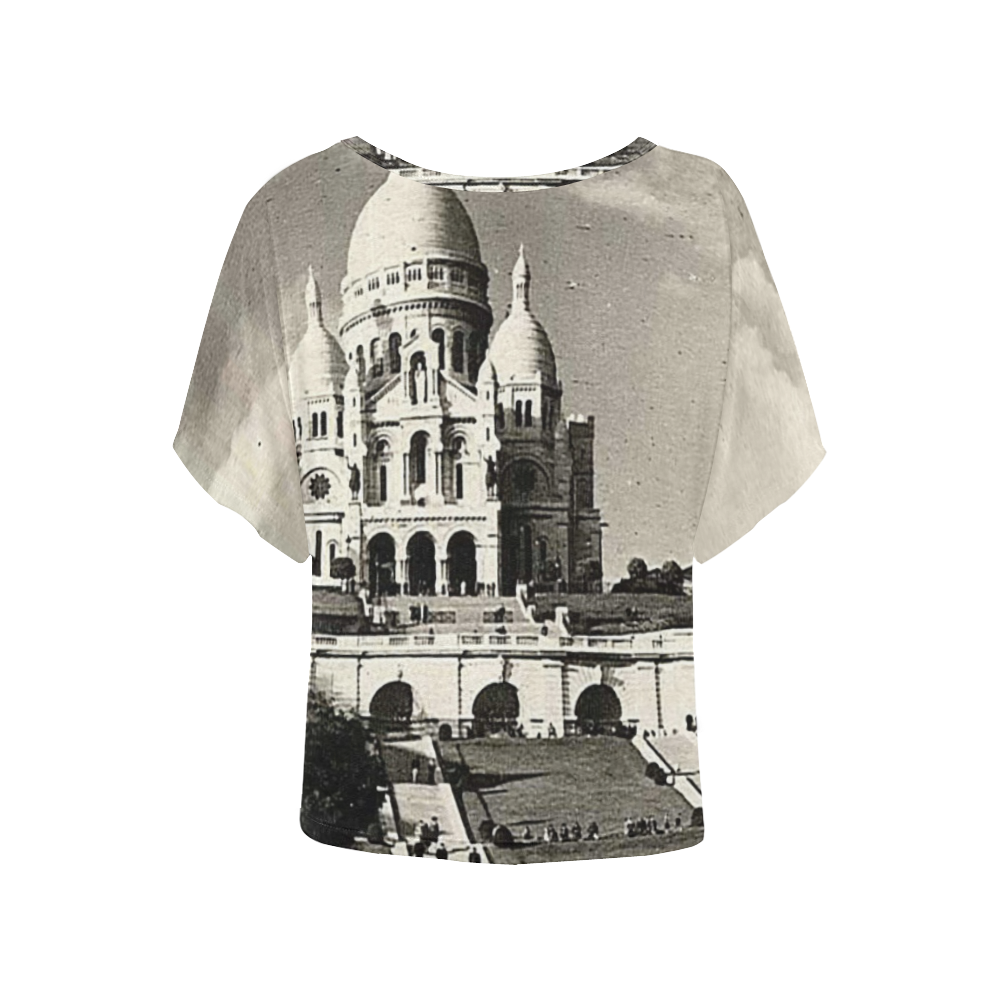 Vintage Sacre Coeur in Paris Photo Women's Batwing-Sleeved Blouse T shirt (Model T44)
