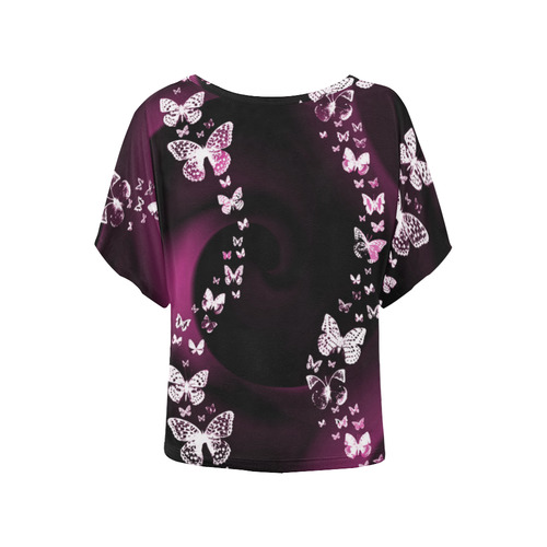 Pink Butterfly Swirl Women's Batwing-Sleeved Blouse T shirt (Model T44)