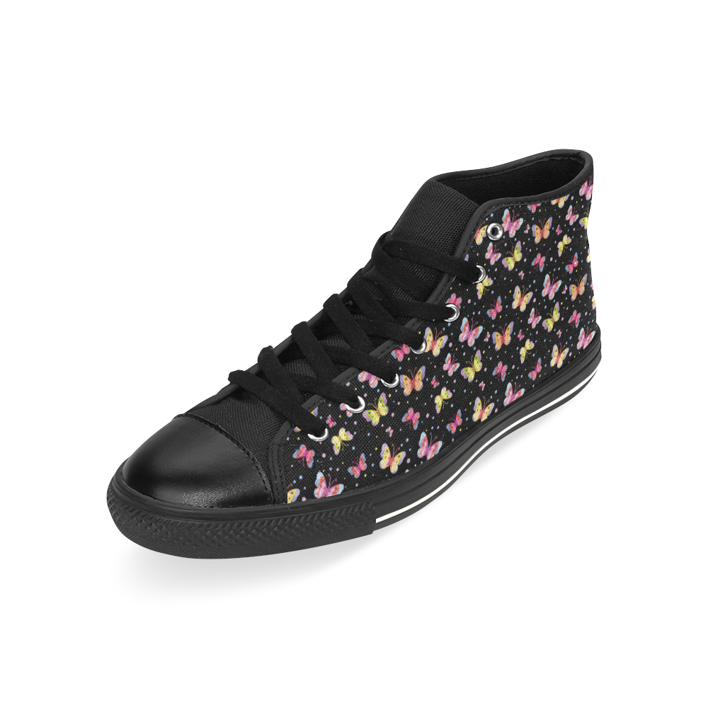 Watercolor Butterflies Black Edition High Top Canvas Shoes for Kid (Model 017)