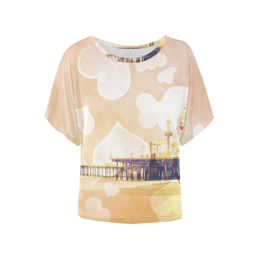 Yellow Bokeh Hearts Santa Monica Pier Women's Batwing-Sleeved Blouse T shirt (Model T44)