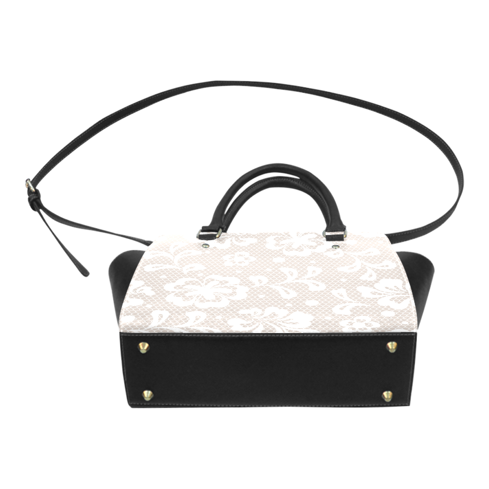 White Flowers on Grey, Lace Effect, Floral Pattern Classic Shoulder Handbag (Model 1653)