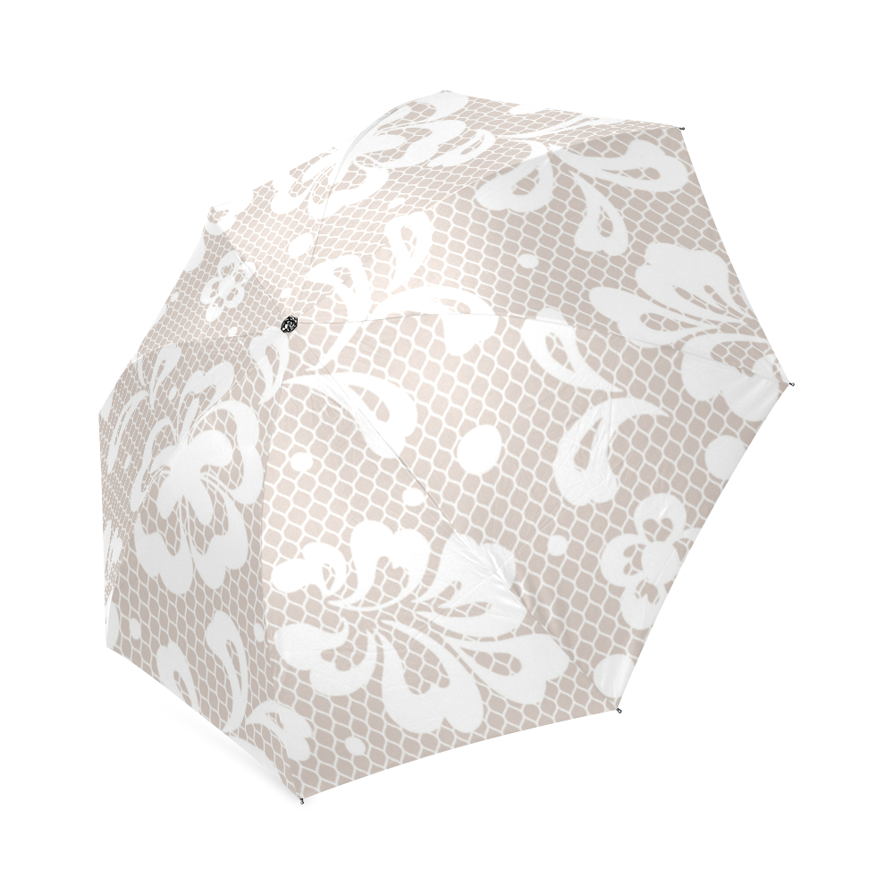 White Flowers on Grey, Lace Effect, Floral Pattern Foldable Umbrella (Model U01)