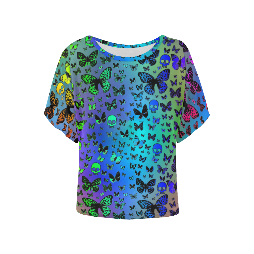Rainbow Skulls & Butterflies Women's Batwing-Sleeved Blouse T shirt (Model T44)