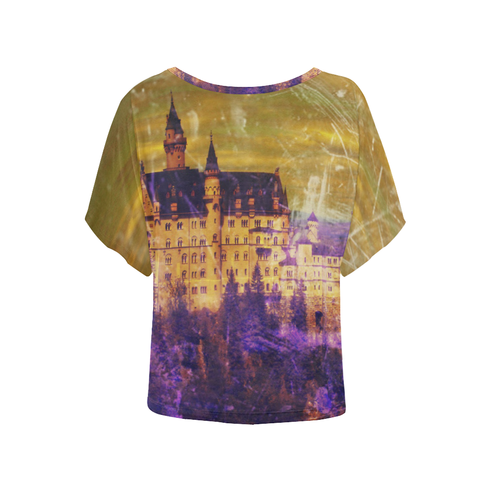 Yellow Purple Neuschwanstein Castle Women's Batwing-Sleeved Blouse T shirt (Model T44)