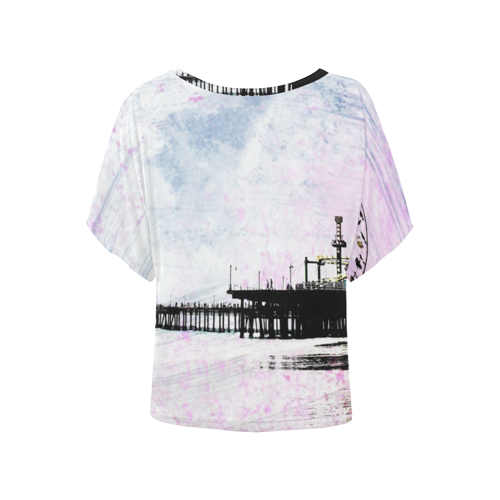Pink Grunge Santa Monica Pier Women's Batwing-Sleeved Blouse T shirt (Model T44)