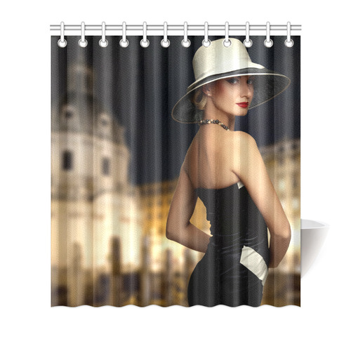 Elegant Beautiful Woman White Hat Black Dress Shower Curtain 66"x72"
