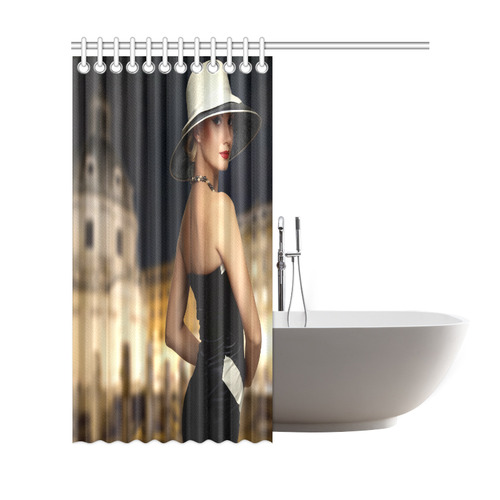 Elegant Beautiful Woman White Hat Black Dress Shower Curtain 69"x72"