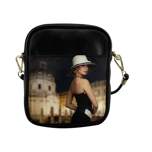 Elegant Beautiful Woman White Hat Black Dress Sling Bag (Model 1627)