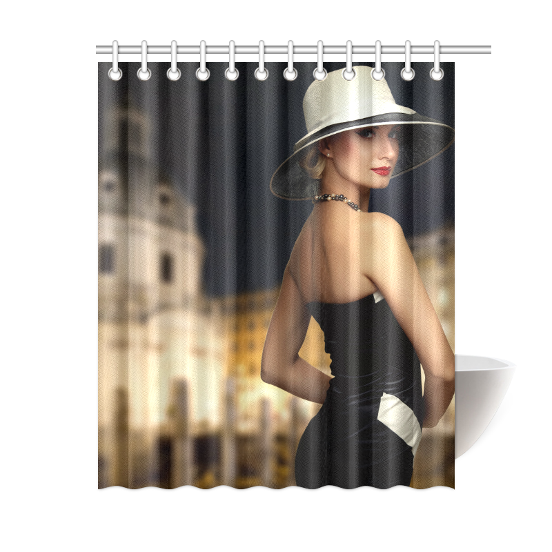 Elegant Beautiful Woman White Hat Black Dress Shower Curtain 60"x72"