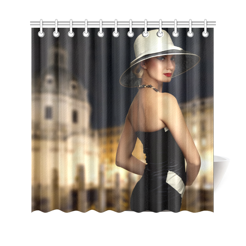 Elegant Beautiful Woman White Hat Black Dress Shower Curtain 69"x70"