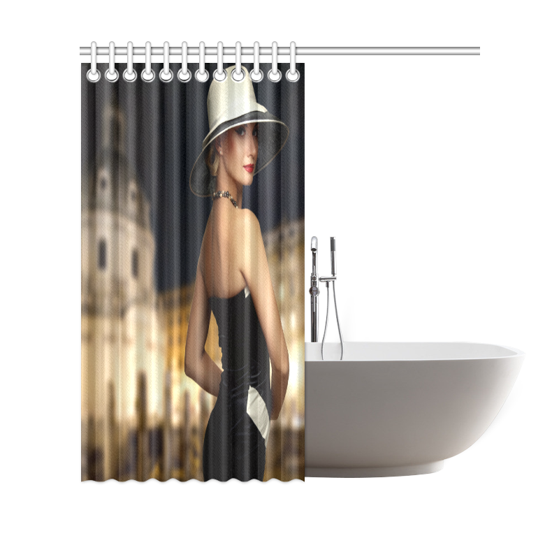 Elegant Beautiful Woman White Hat Black Dress Shower Curtain 69"x70"