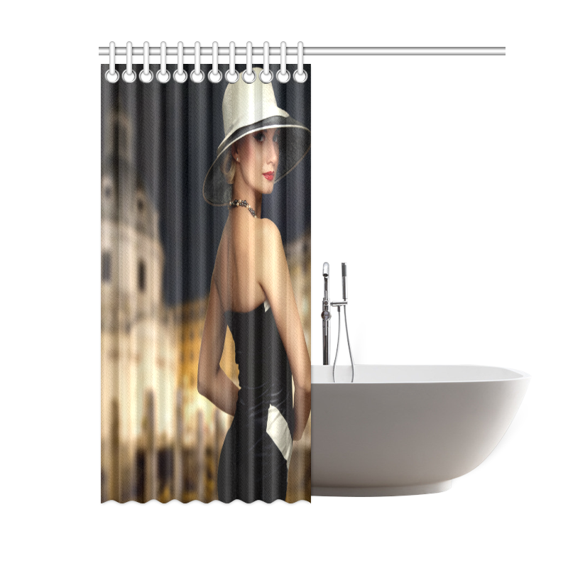 Elegant Beautiful Woman White Hat Black Dress Shower Curtain 60"x72"