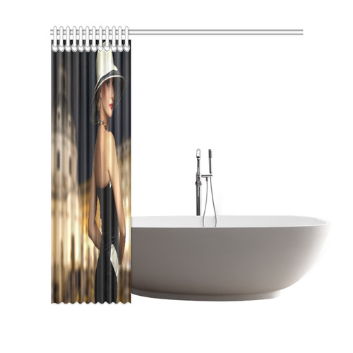 Elegant Beautiful Woman White Hat Black Dress Shower Curtain 69"x70"