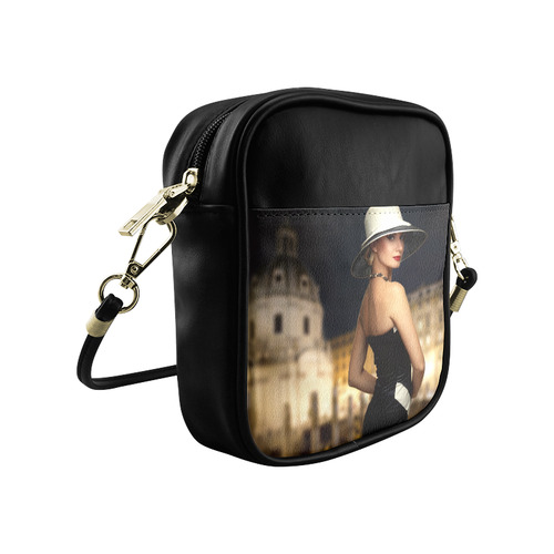 Elegant Beautiful Woman White Hat Black Dress Sling Bag (Model 1627)