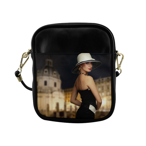 Elegant Beautiful Woman White Hat Black Dress Sling Bag (Model 1627)
