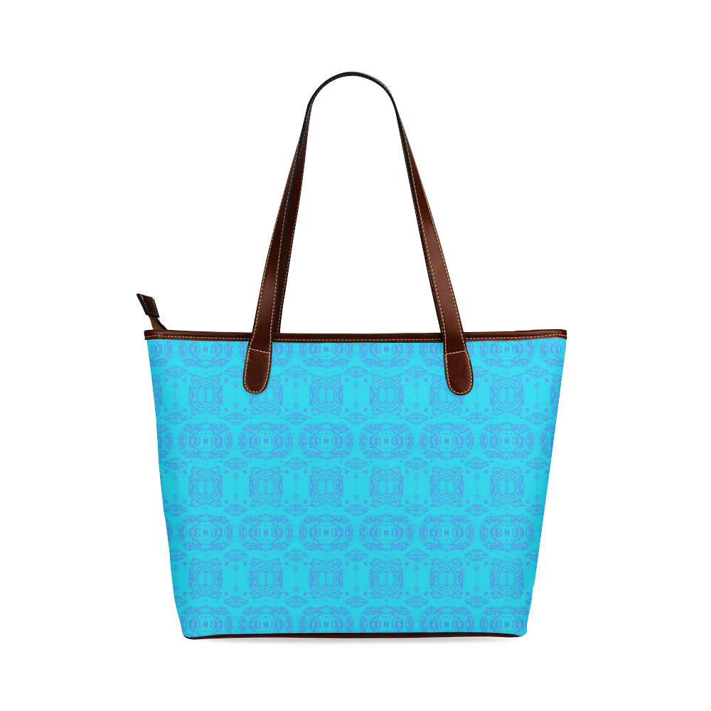 Blue and Turquoise Abstract Damask Pattern Shoulder Tote Bag (Model 1646)