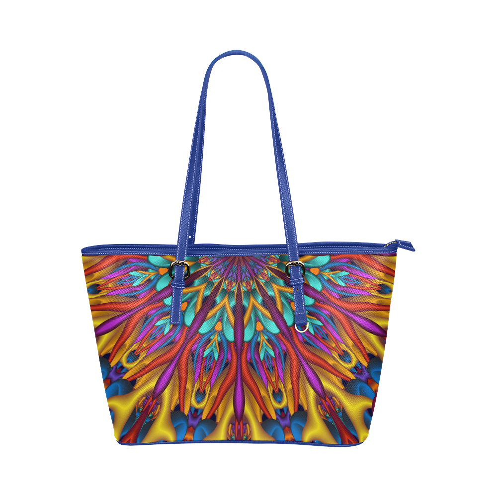 Amazing colors fractal mandala Blue Strap Half Version Leather Tote Bag/Large (Model 1651)