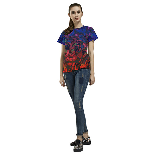 Hot and Cold Abstract - Blue and Deep Red All Over Print T-Shirt for Women (USA Size) (Model T40)