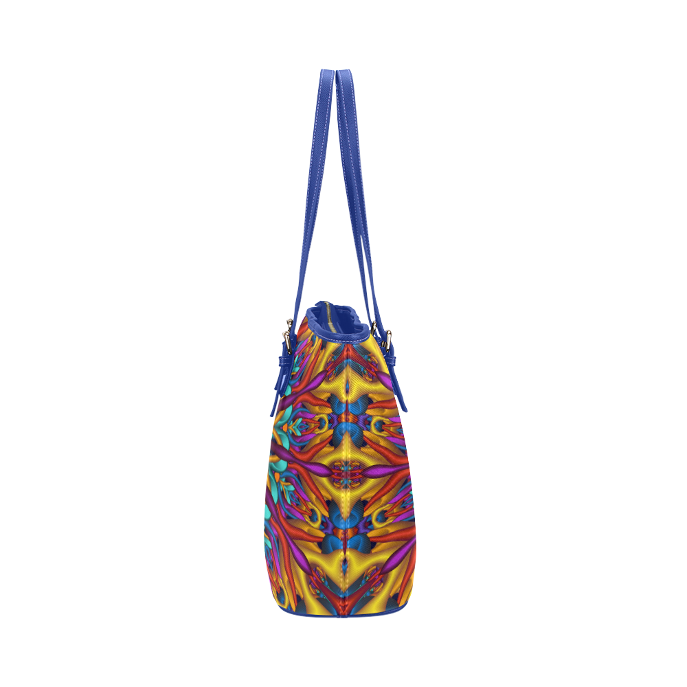 Amazing colors fractal mandala Blue Strap Version Leather Tote Bag/Small (Model 1651)
