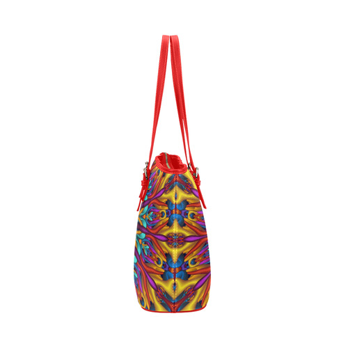 Amazing colors fractal mandala Red Strap Version Leather Tote Bag/Large (Model 1651)