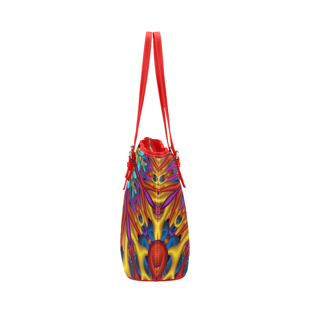 Amazing colors fractal mandala Red Strap Half Version Leather Tote Bag/Large (Model 1651)