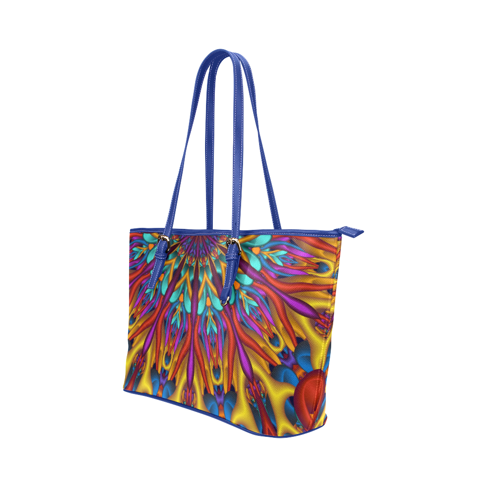Amazing colors fractal mandala Blue Strap Half Version Leather Tote Bag/Small (Model 1651)