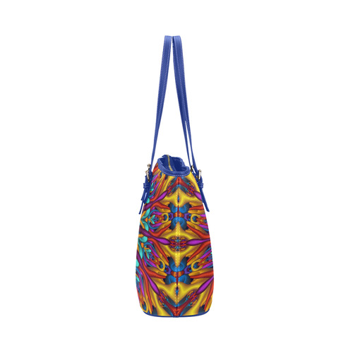 Amazing colors fractal mandala Blue Strap Version Leather Tote Bag/Large (Model 1651)