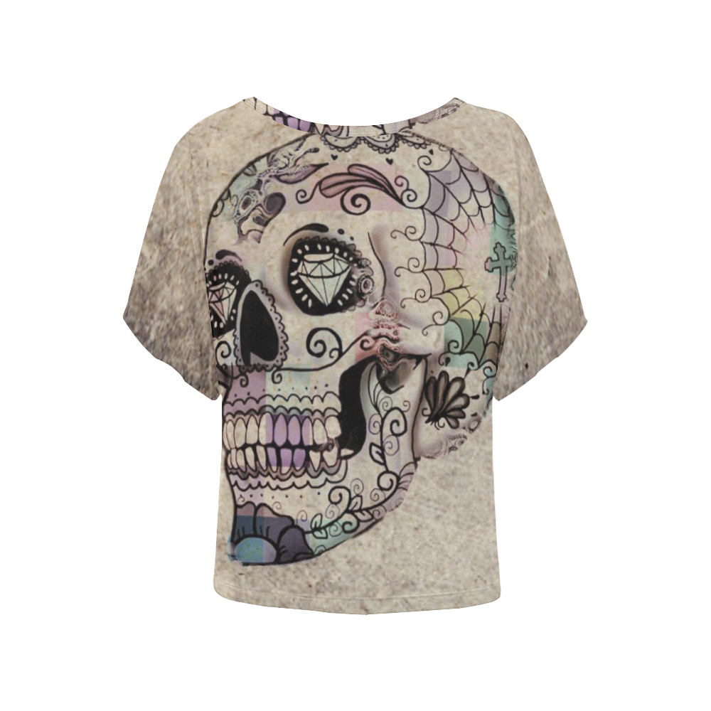 grunge skull B by JamColors Women's Batwing-Sleeved Blouse T shirt (Model T44)