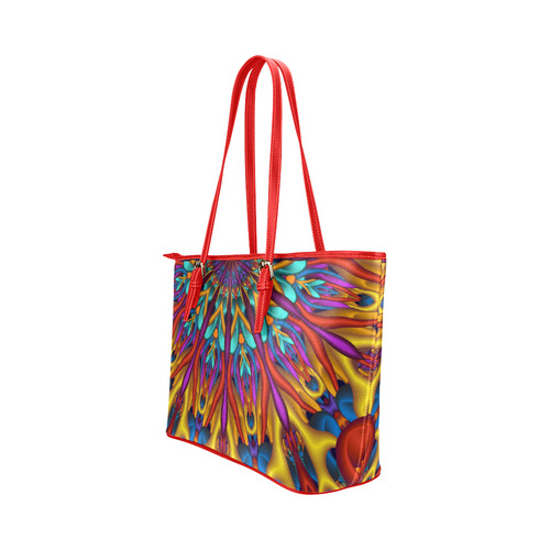 Amazing colors fractal mandala Red Strap Half Version Leather Tote Bag/Large (Model 1651)