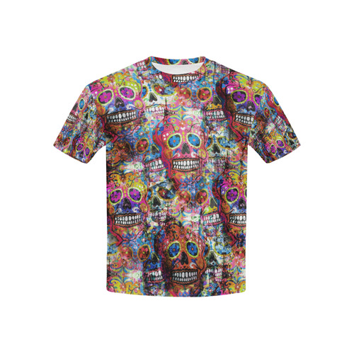 Colorfully Flower Power Skull Grunge Pattern Kids' All Over Print T-shirt (USA Size) (Model T40)